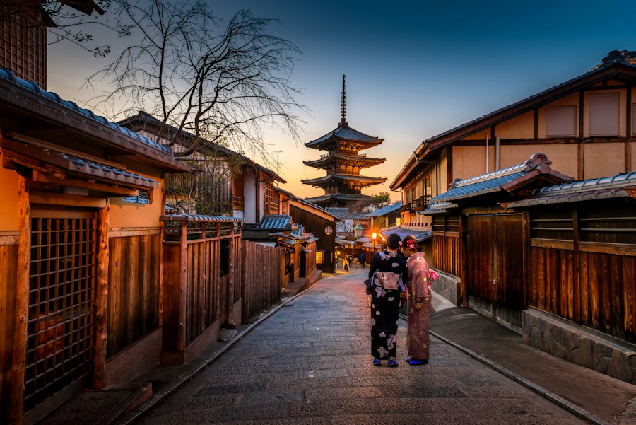 Traditional Japanese architecture and a pagoda in Kyoto